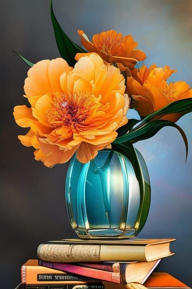 Peonies in Teal Vase: A Digital Floral Portrait