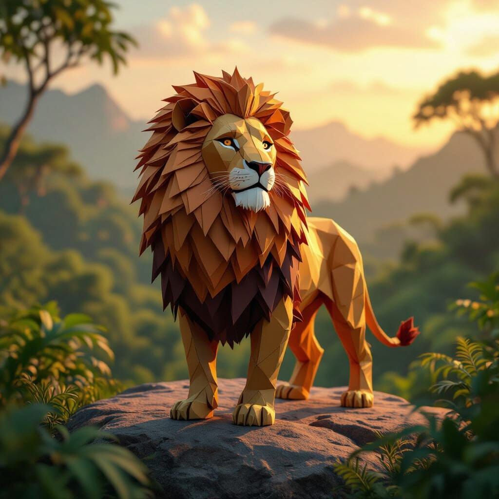 Origami Lion Overlooking Jungle in Hyperrealistic Style