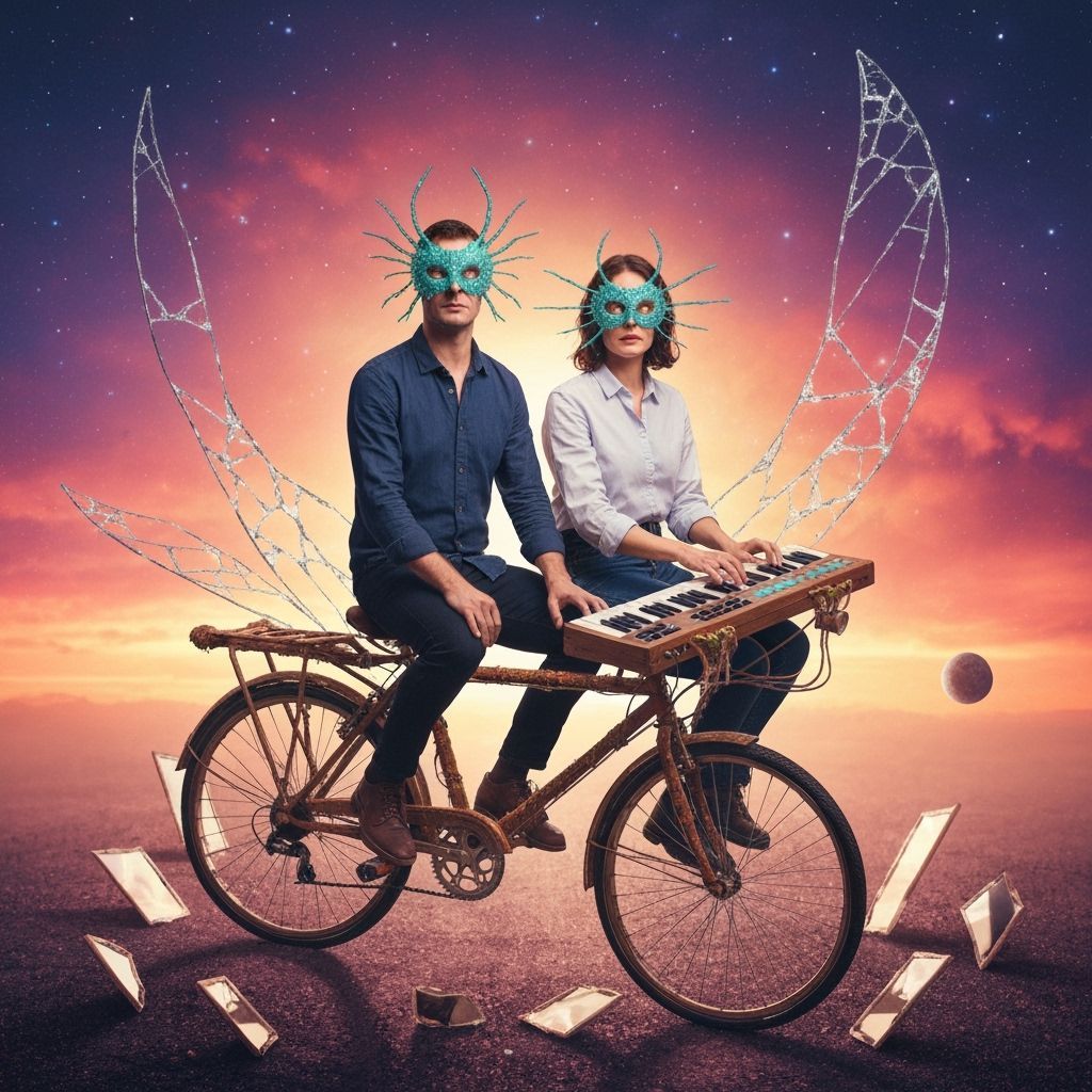 Bicycle Spaceship Journey Through a Sunset Galaxy