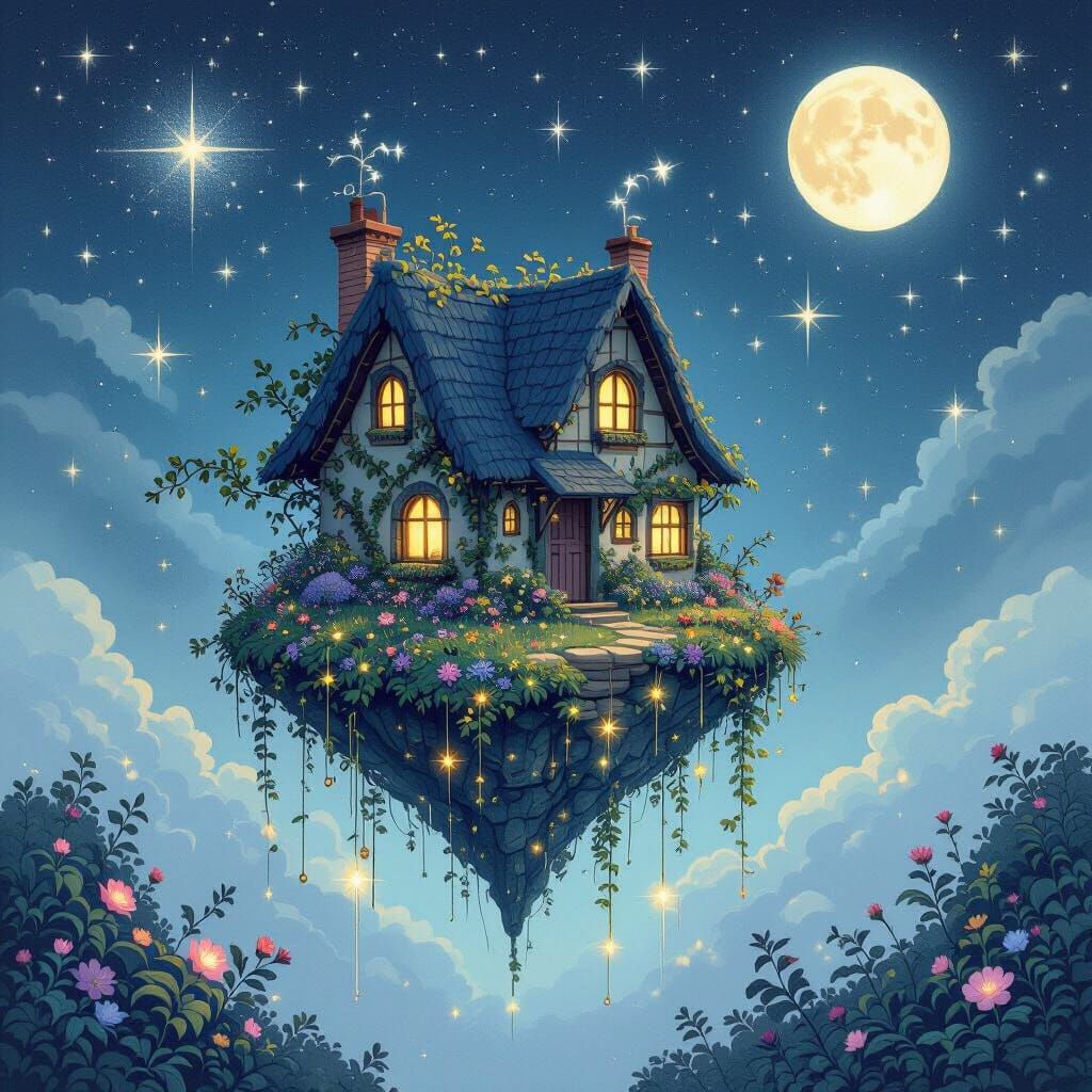 Celestial Cottage Among the Stars: Dreamlike Illustration