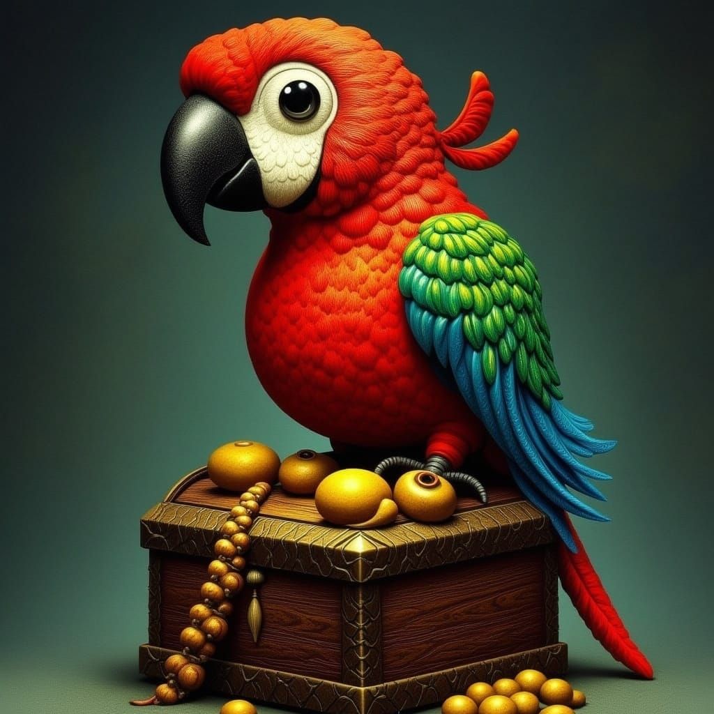 Giant Pirate Parrot on Gold Treasure Chest