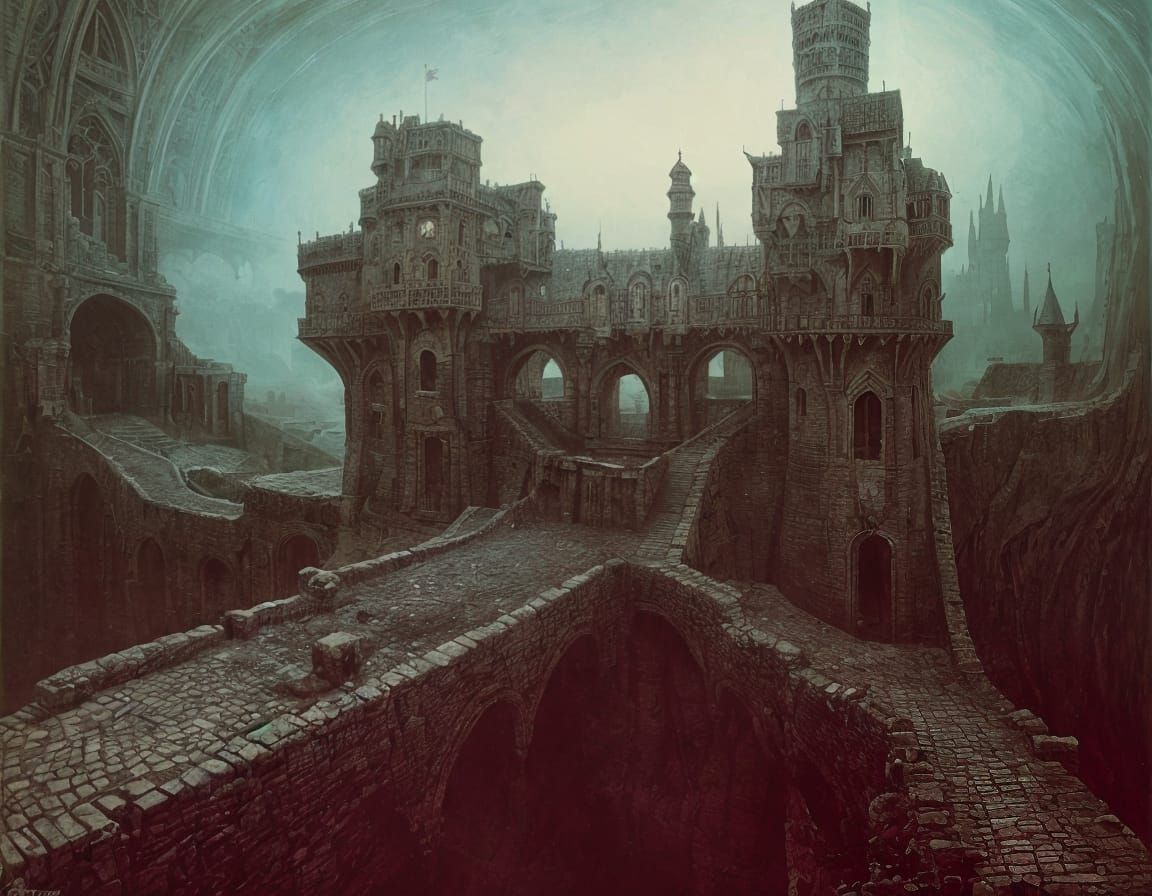 Surreal Castle with Drawbridges in Dark Dreamscape
