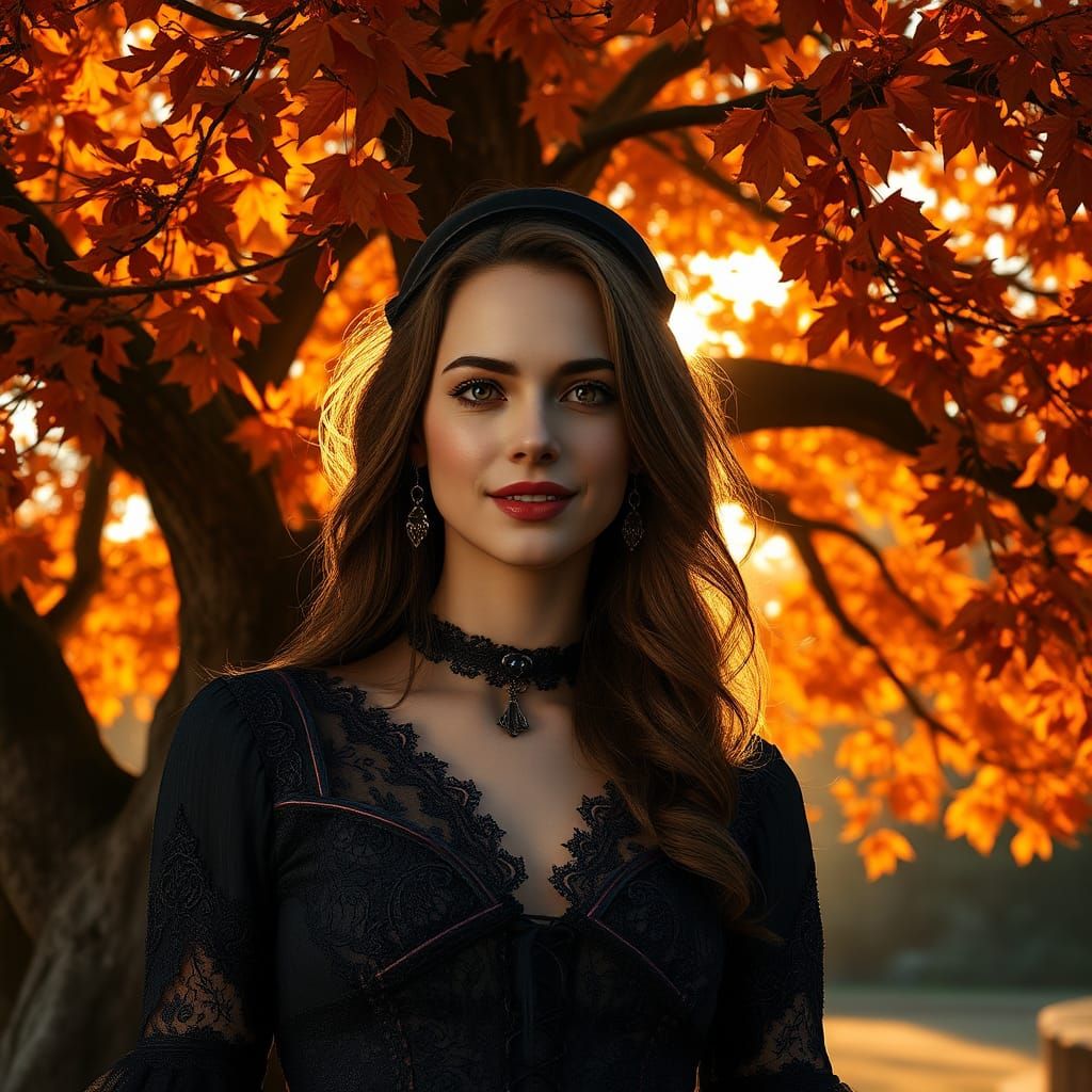 Woman in Gothic Dress Under Autumn Tree