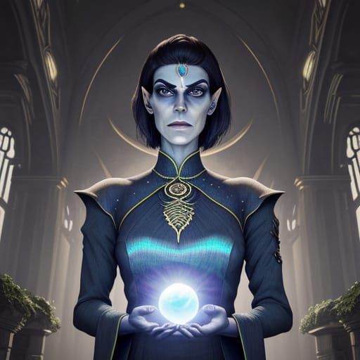 Fantasy Cardassian uncomfortable dark sci-fi architecture, 30-year-old Michelle Forbes as an iridescent gnome manipulate...