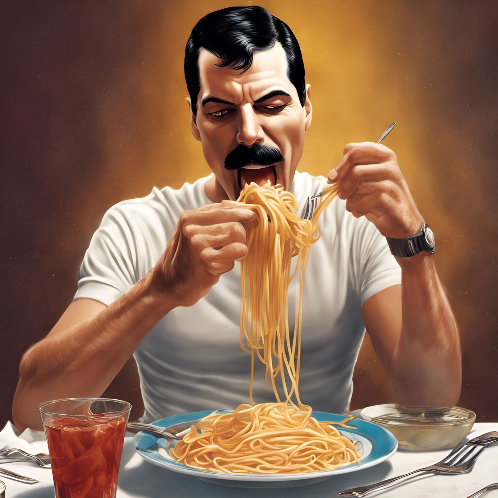 Freddie Mercury Eating Spaghetti: Digital Art Portrait