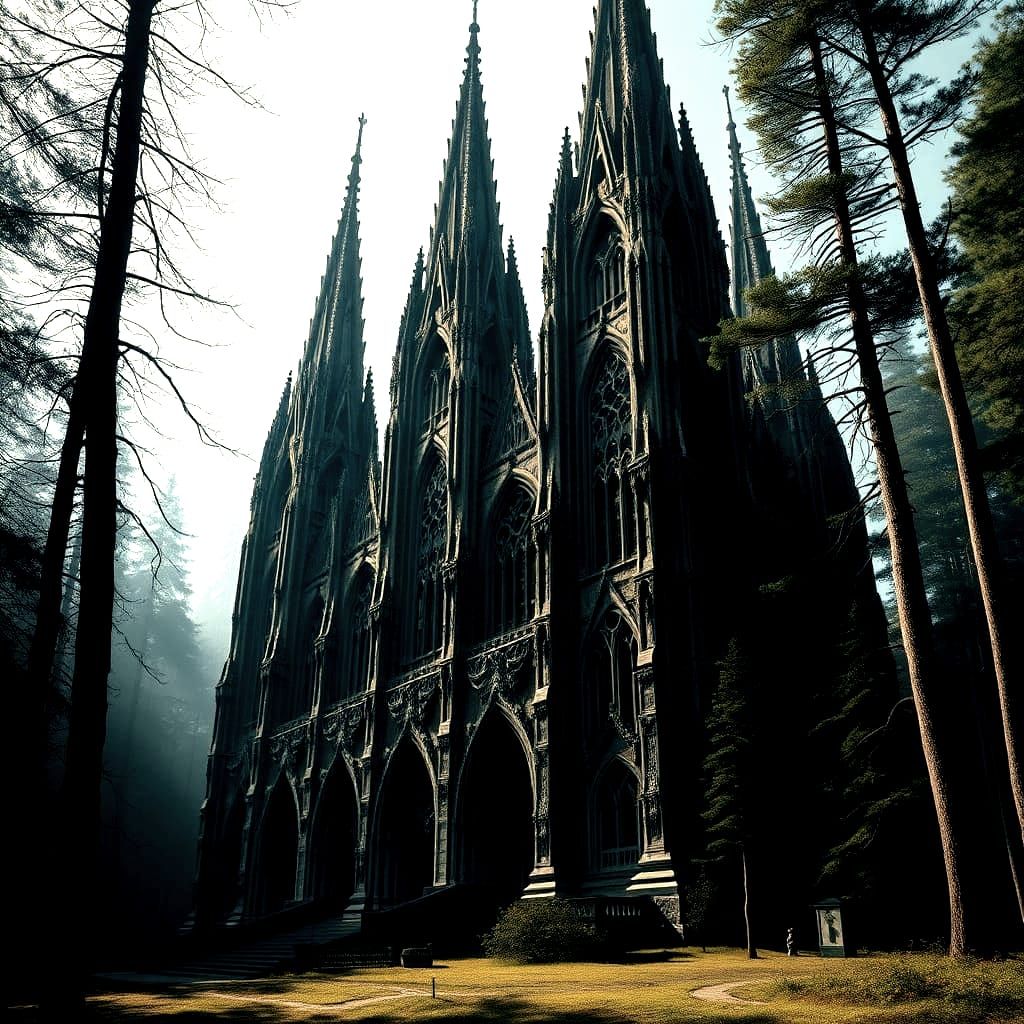 Gothic Cathedral in Enchanted Forest Clearing