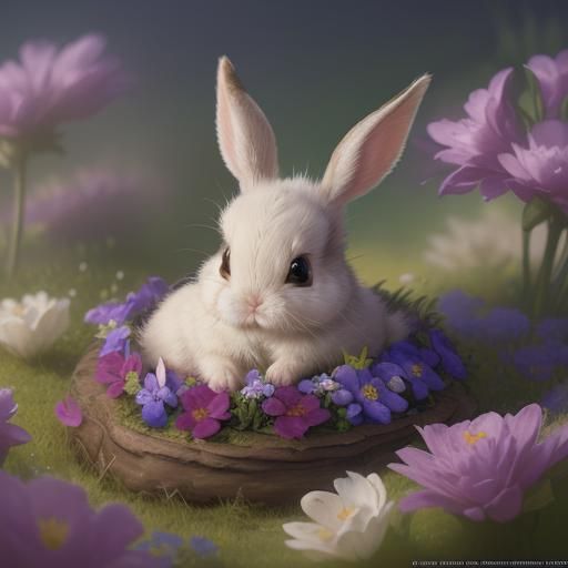 Enchanted Meadow: Tiny Bunny in a Bed of Flowers