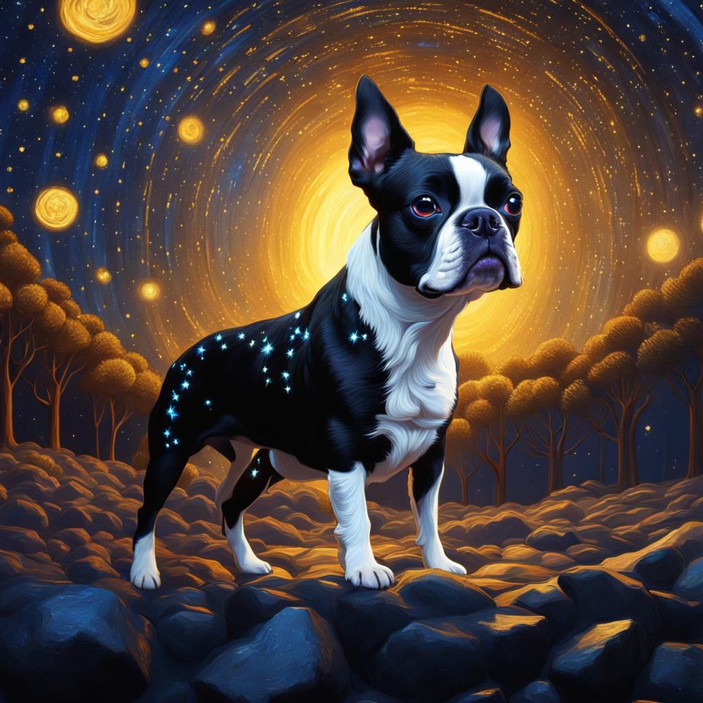 Boston Terrier as Starry Night Painting