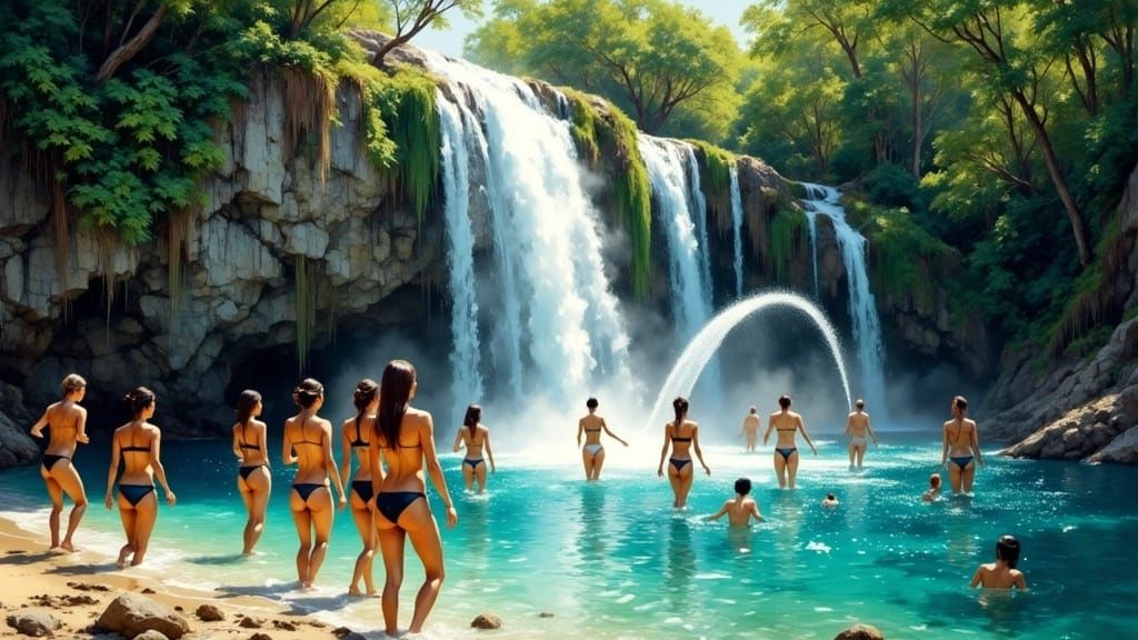 Sultry Poolside Scene at Foot of a Majestic Waterfall
