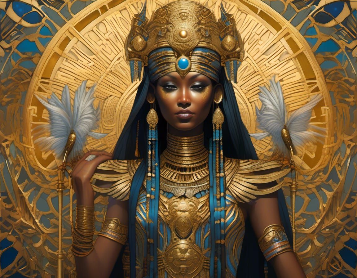 Hyperrealistic Depiction of Isis with Gold Filigree