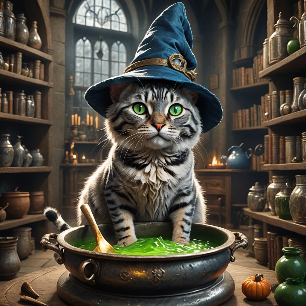 Blue Bengal Cat Brews Potion at Hogwarts