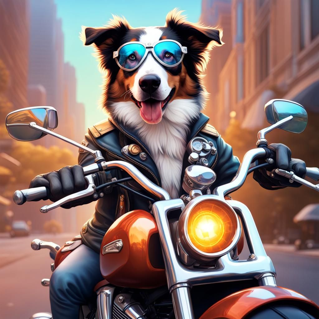 Happy Australian Shepherd dog riding a motorcycle downtown