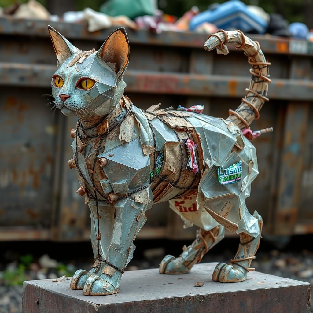 Industrial Cat Sculpture in Shattered Glass and Rusted Metal