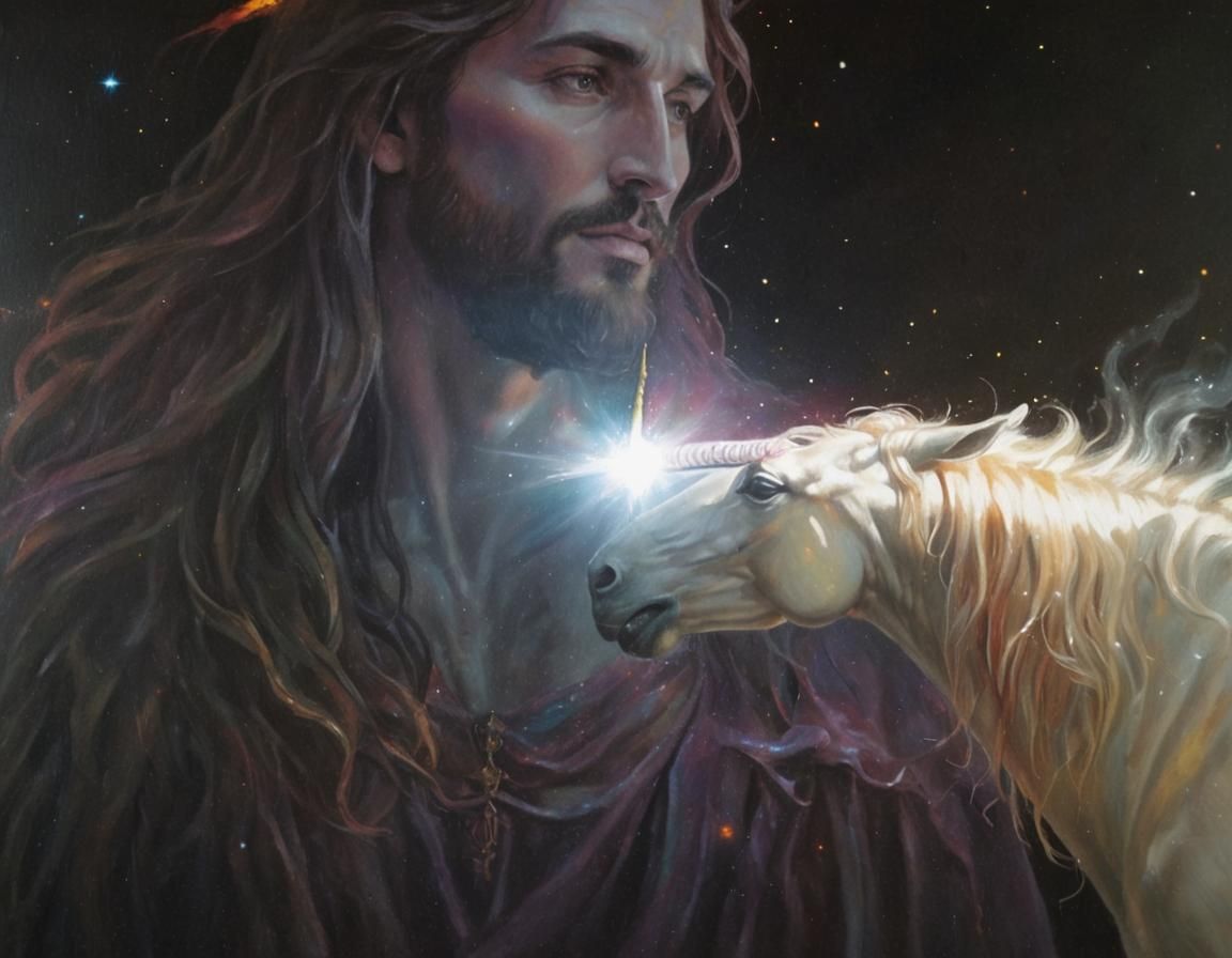 Majestic Djinn Jesus and Fiery Unicorn in Surrealist Art