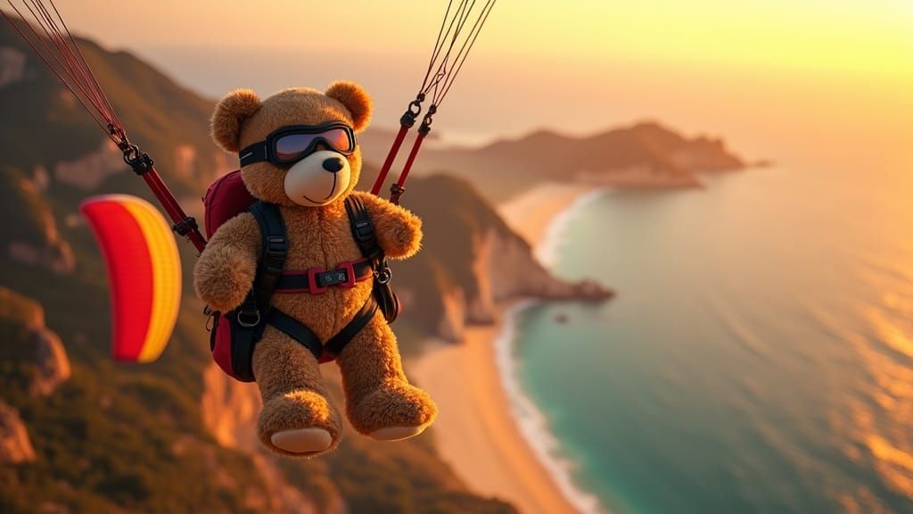 Teddy Bear Paragliding at Sunset: Professional Photography