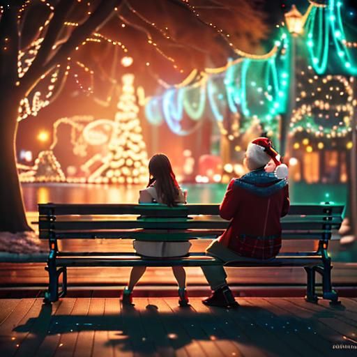 Christmas Lights: Couple on Bench by Ocean