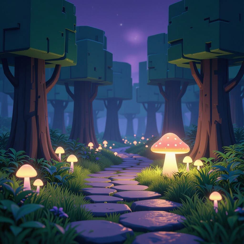Stone Path Through Blocky Forest with Purple Sky