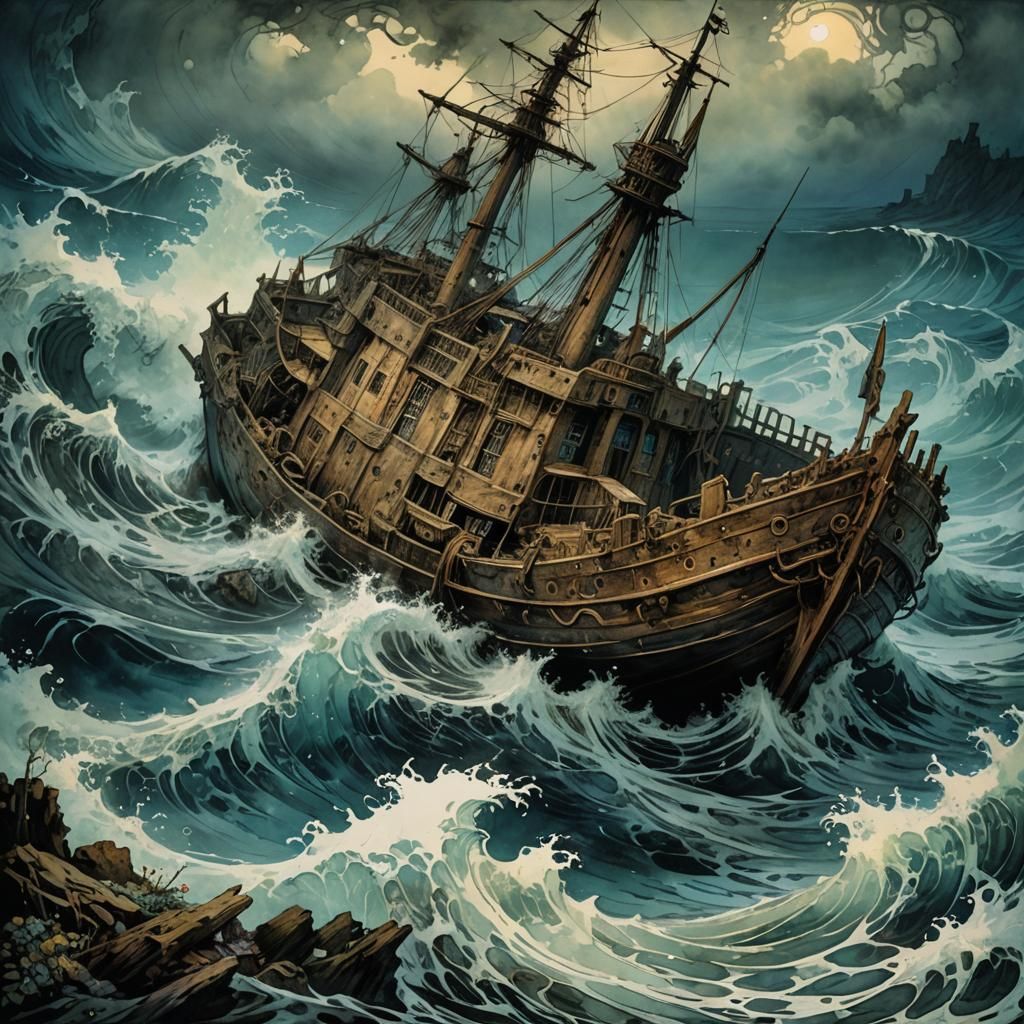 Sunken Vessel Deep Sea Scene in Art Nouveau Style