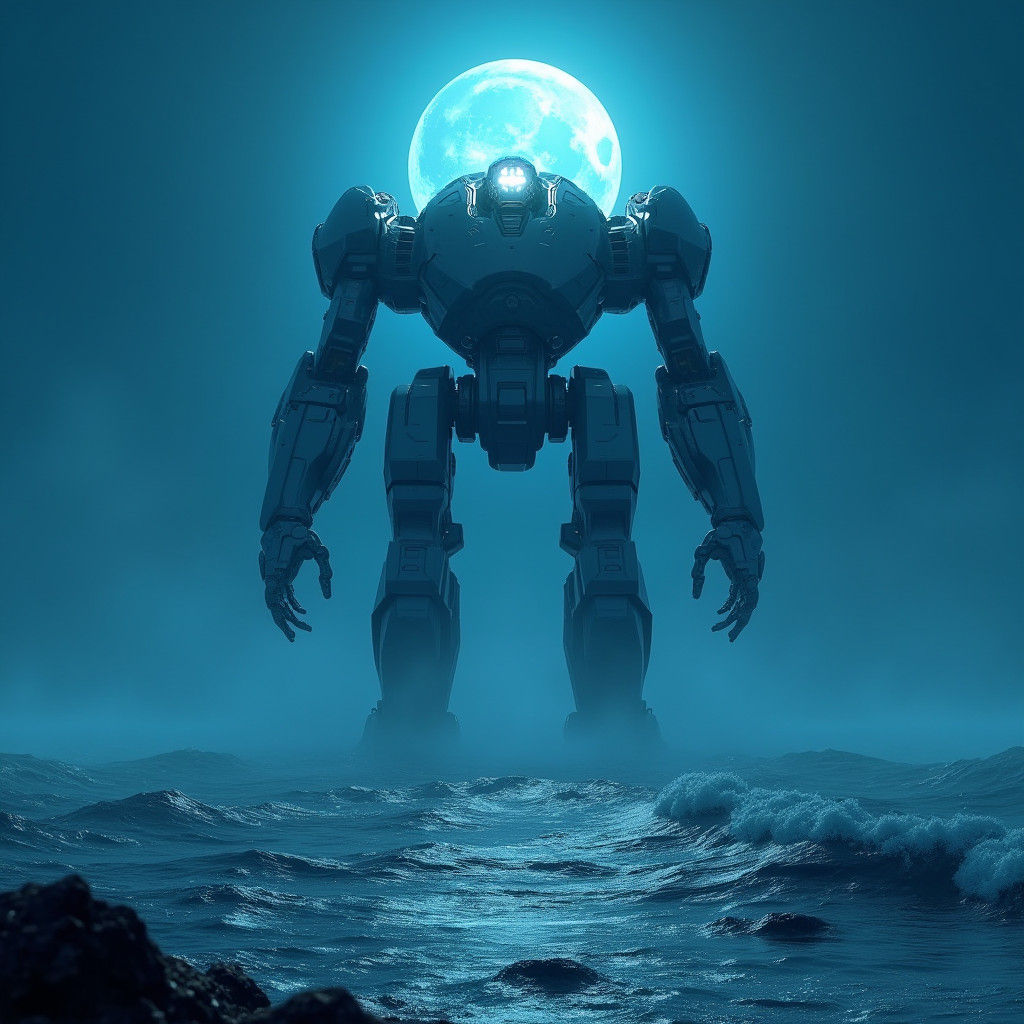 Futuristic Mech Rises from Ocean Under Moon