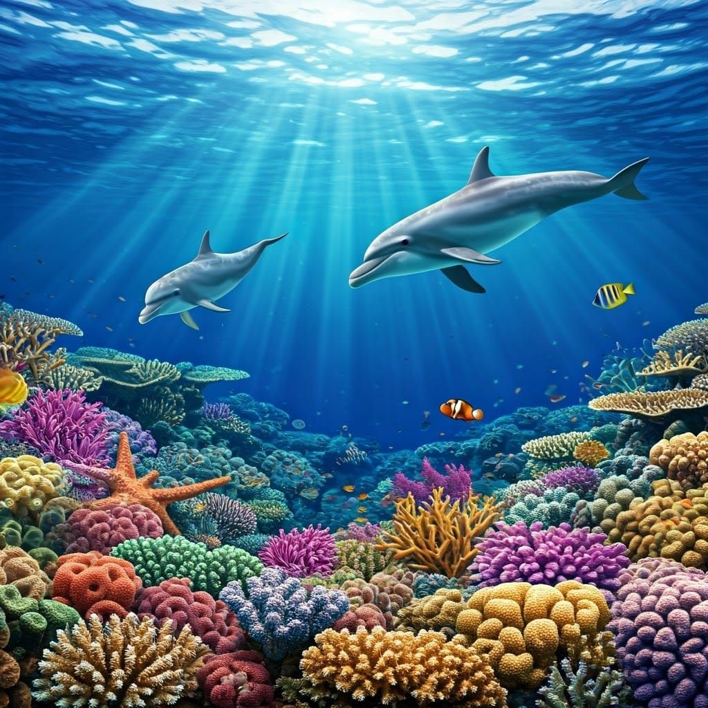 Vibrant Coral Reef Scene with Leaping Dolphins