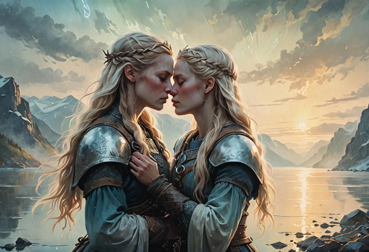 Viking Women Kissing on Misty Fjord Shore