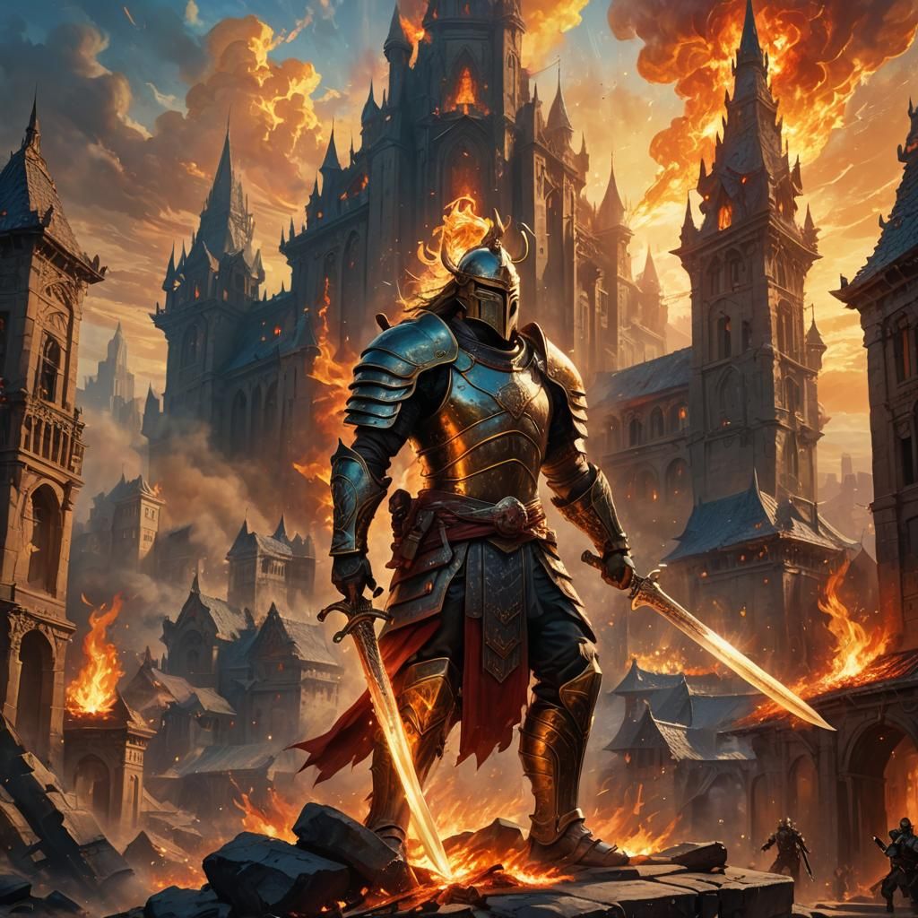 Mighty Warrior Amidst Burning City, Fantasy Art