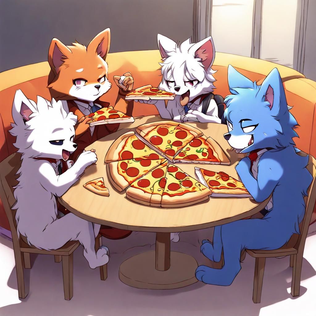 Furries Eating Pizza in Anime Style