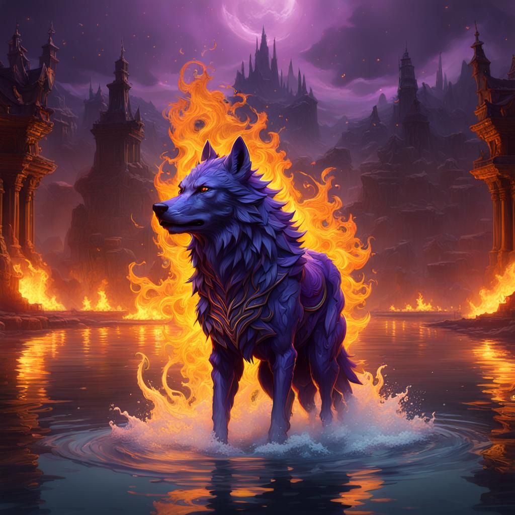 Fiery Wolf Standing on Water: Dark Fantasy Art