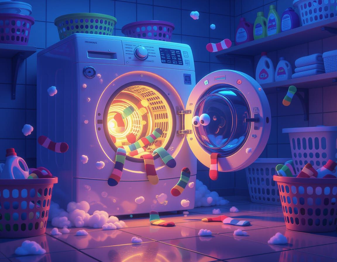 Whimsical Laundry Room Chaos: Escaping Socks from Futuristic...