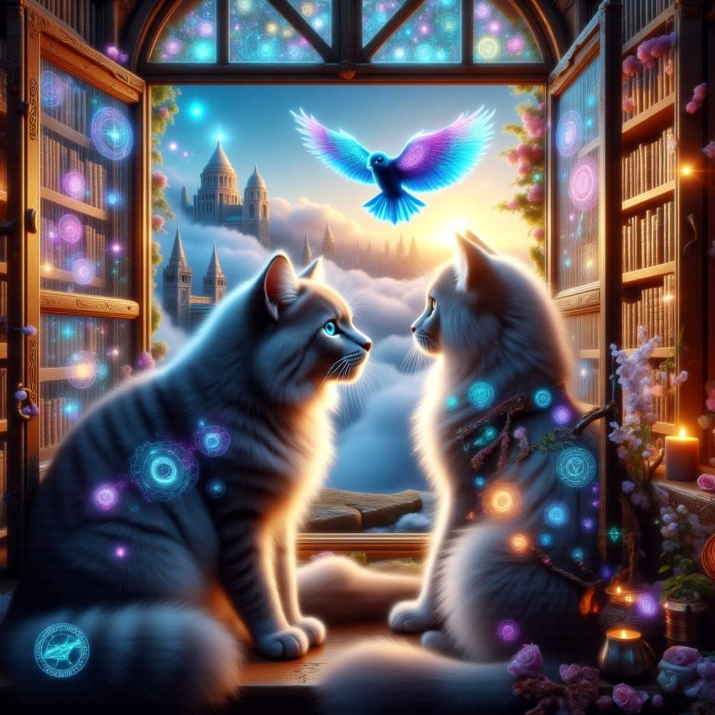 Fluffy Cat Watches Cityscape Through Ornate Window