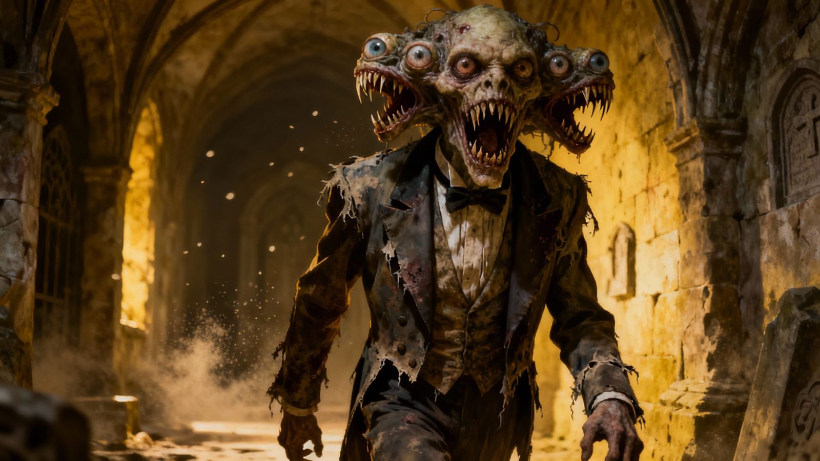 Horror Creature in Ripped Tuxedo Stalks Crypt Hall