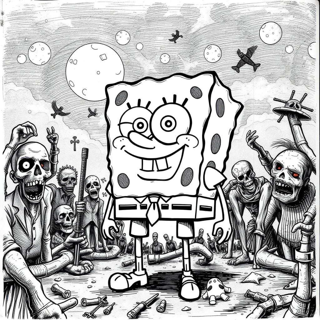 Spongebob in a Post-Apocalyptic Ink Drawing