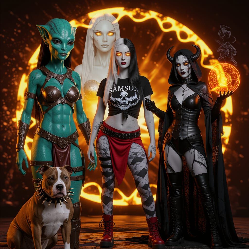 Surreal Alien Sorceress and Pit Bull in Bioluminescent Jungl...