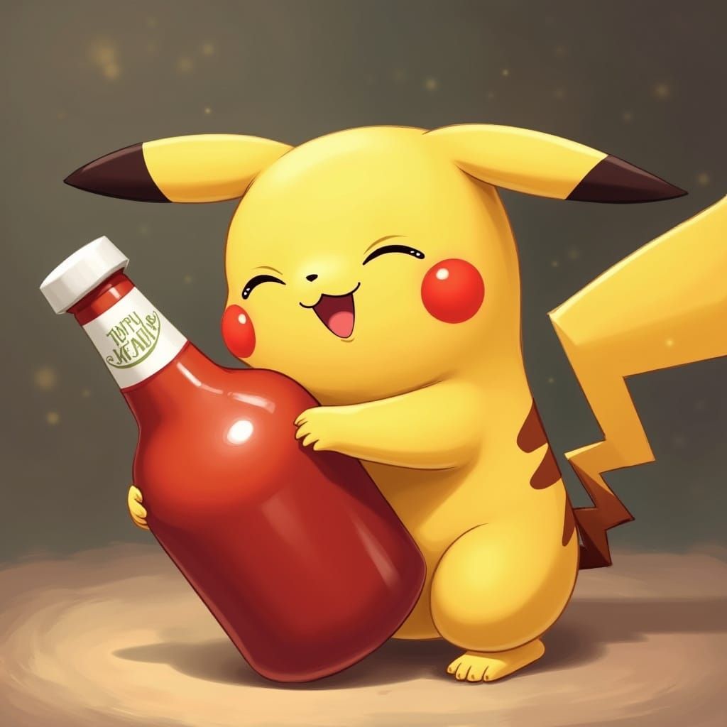 Pikachu Adores a Ketchup Bottle in a Whimsical Pokemon Manne...