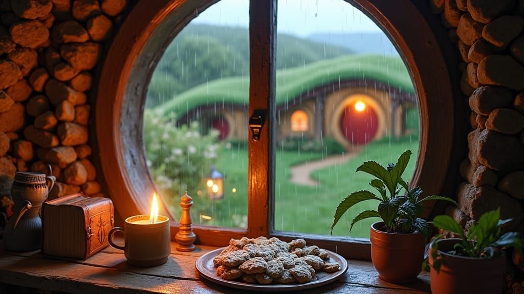 Cozy Hobbit Cottage Scene with Hot Chocolate and Book