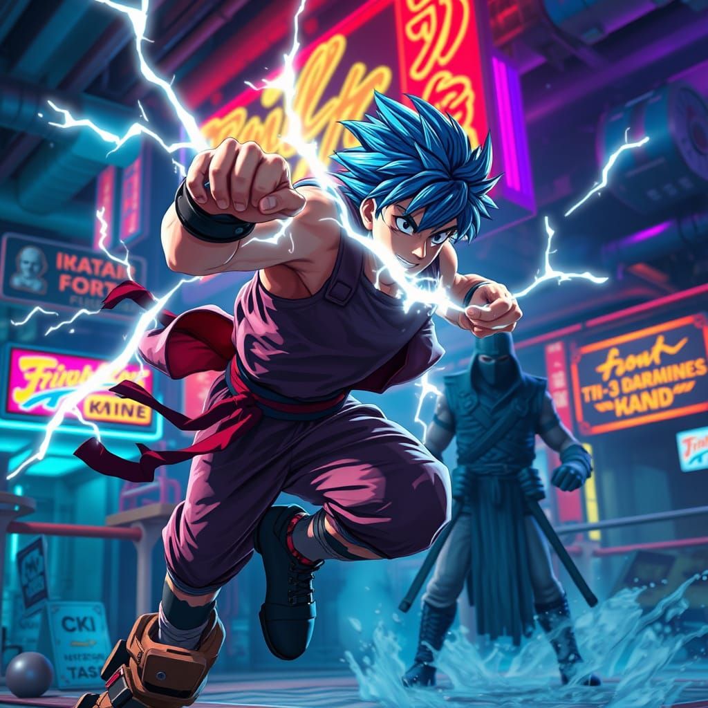 Surreal Anime Fighter in Neon-Lit Fight Club