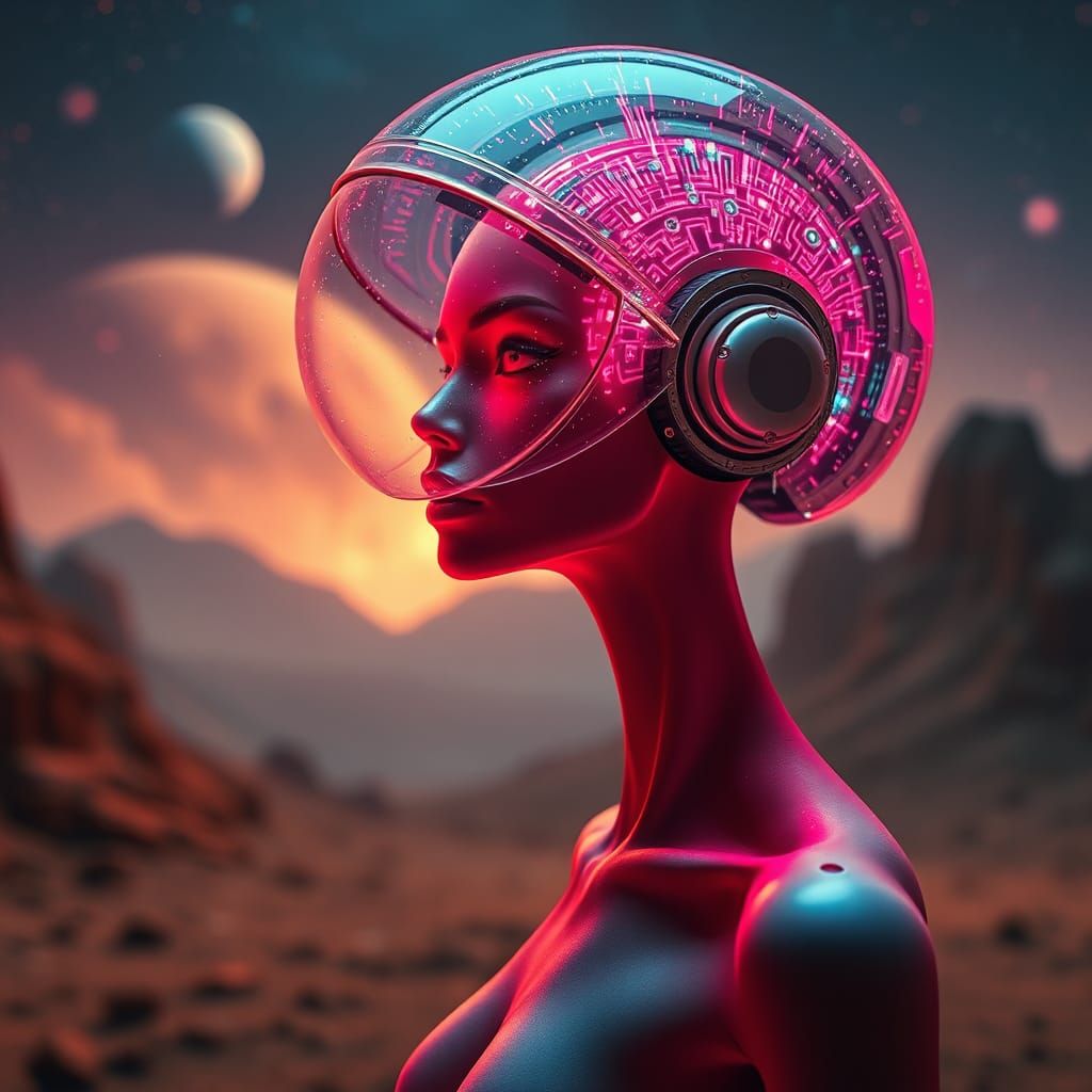 Surreal Neon Woman in Alien Landscape