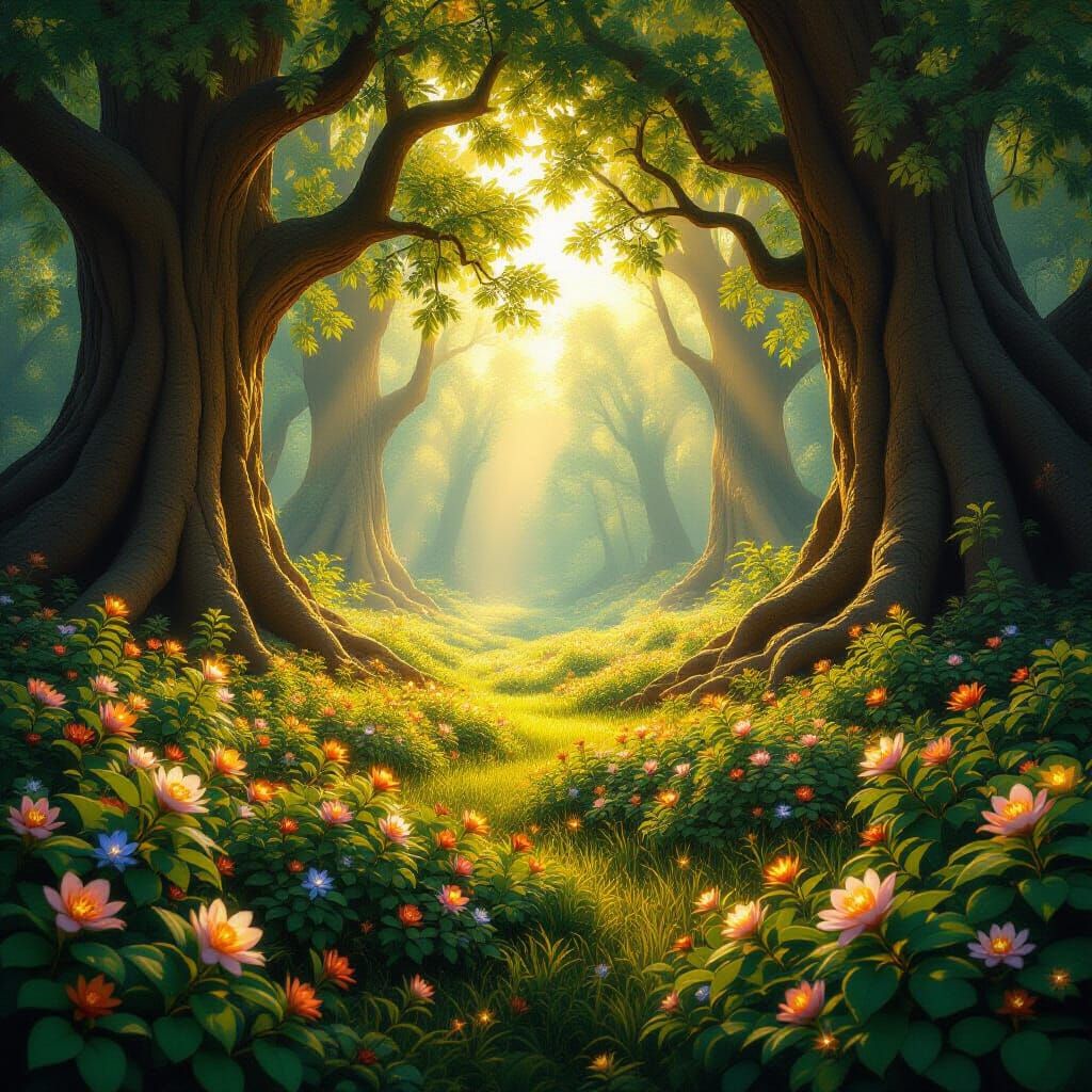 Ethereal Forest Glade With Luminous Flowers