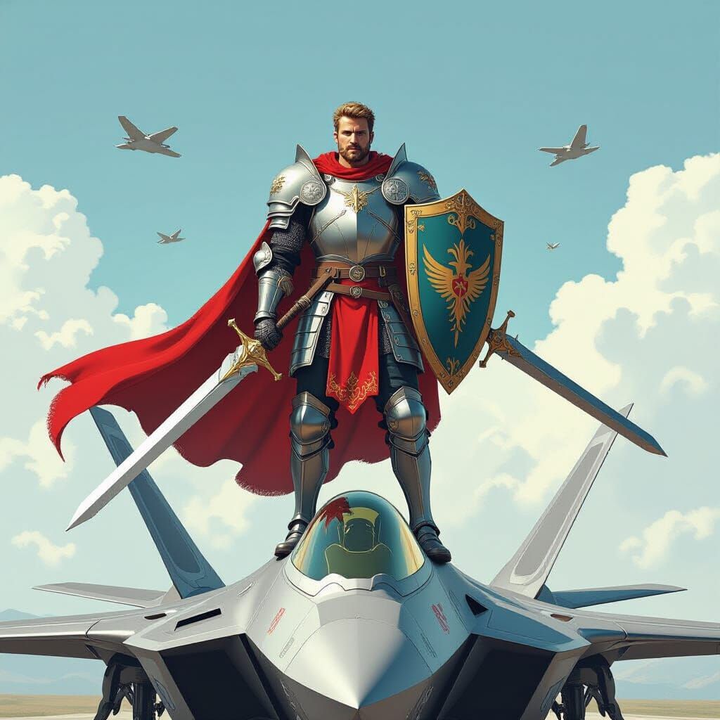King Arthur on F-22 Raptor in Futuristic Style