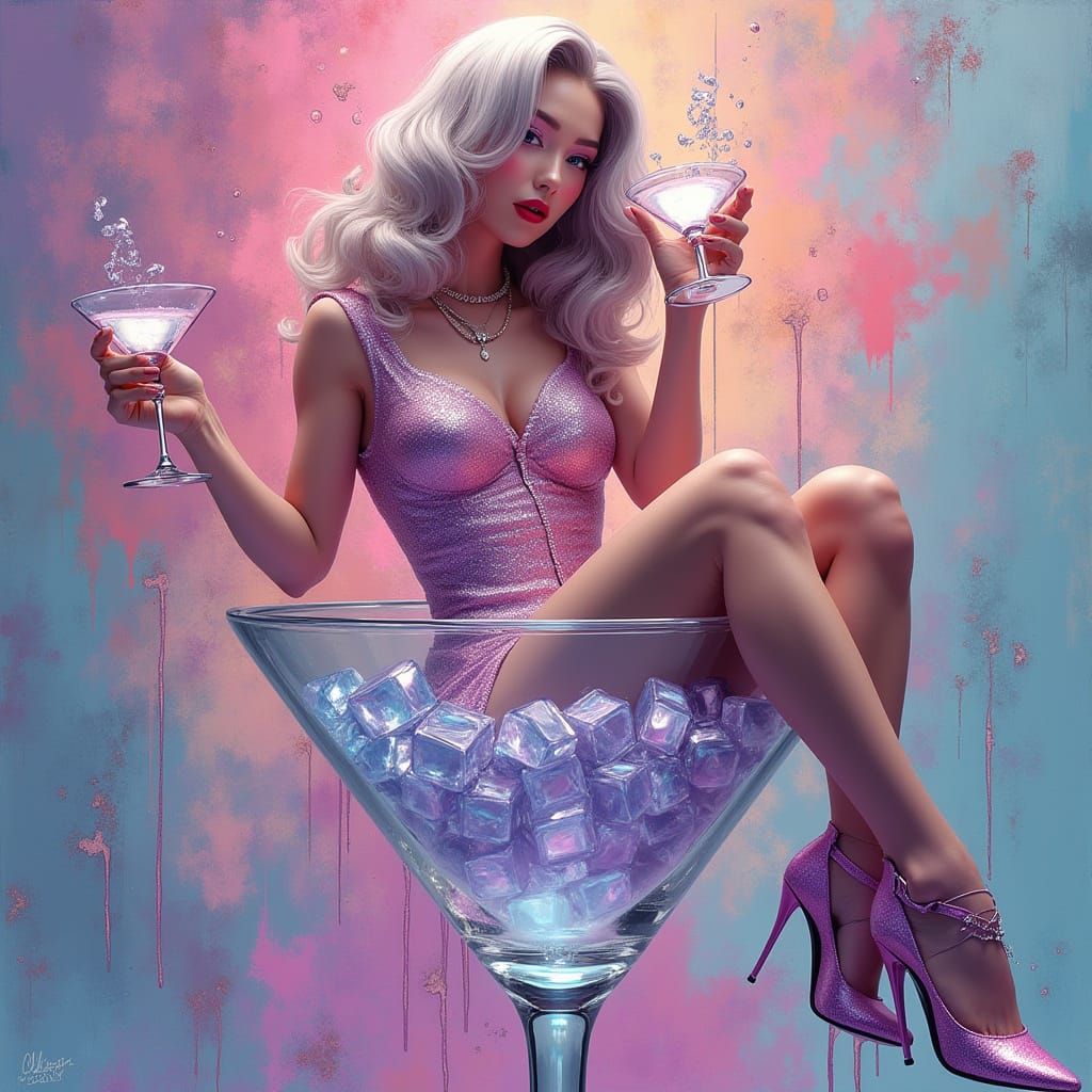 Glamorous Pin-Up in Martini Glass with Graffiti Art