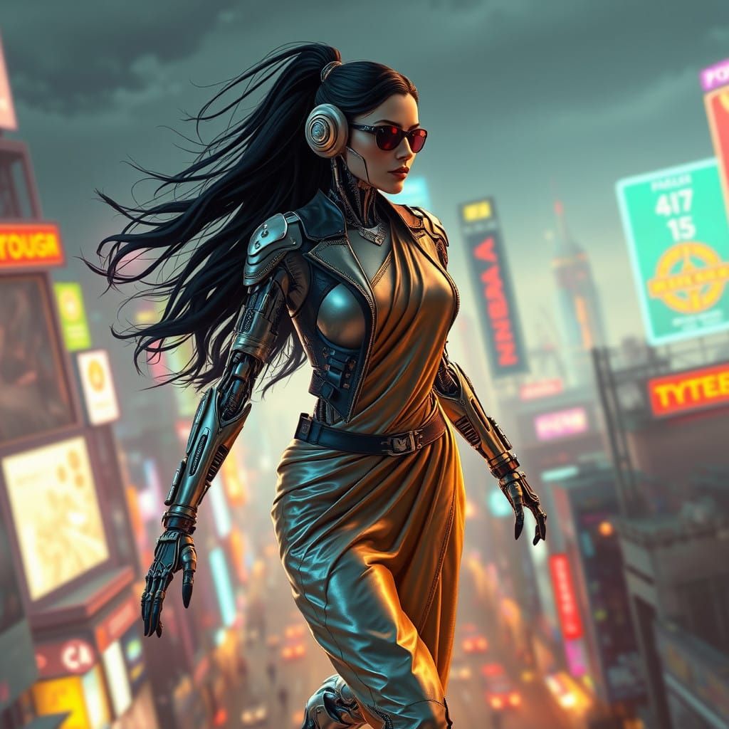 Sleek Indian Robot Goddess Soars Through Futuristic Sky Town