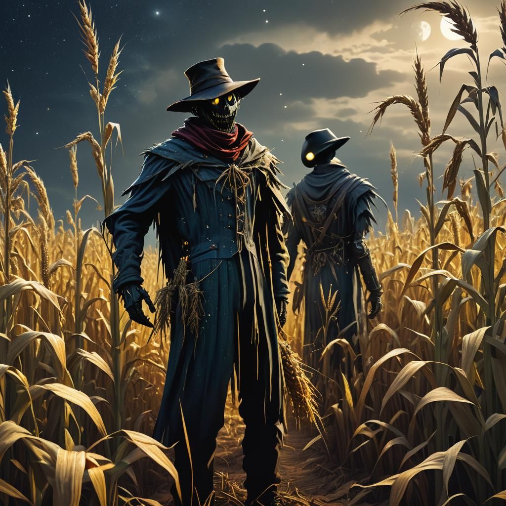 Moody Starry Cornfield Scarecrow in Spy Movie Style