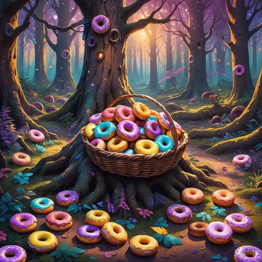 Mystical Forest Clearing with Colorful Donuts