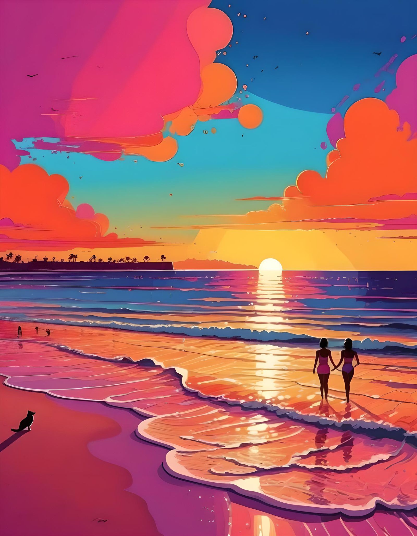 Colorful Cel-Shaded Beach Sunset Digital Drawing