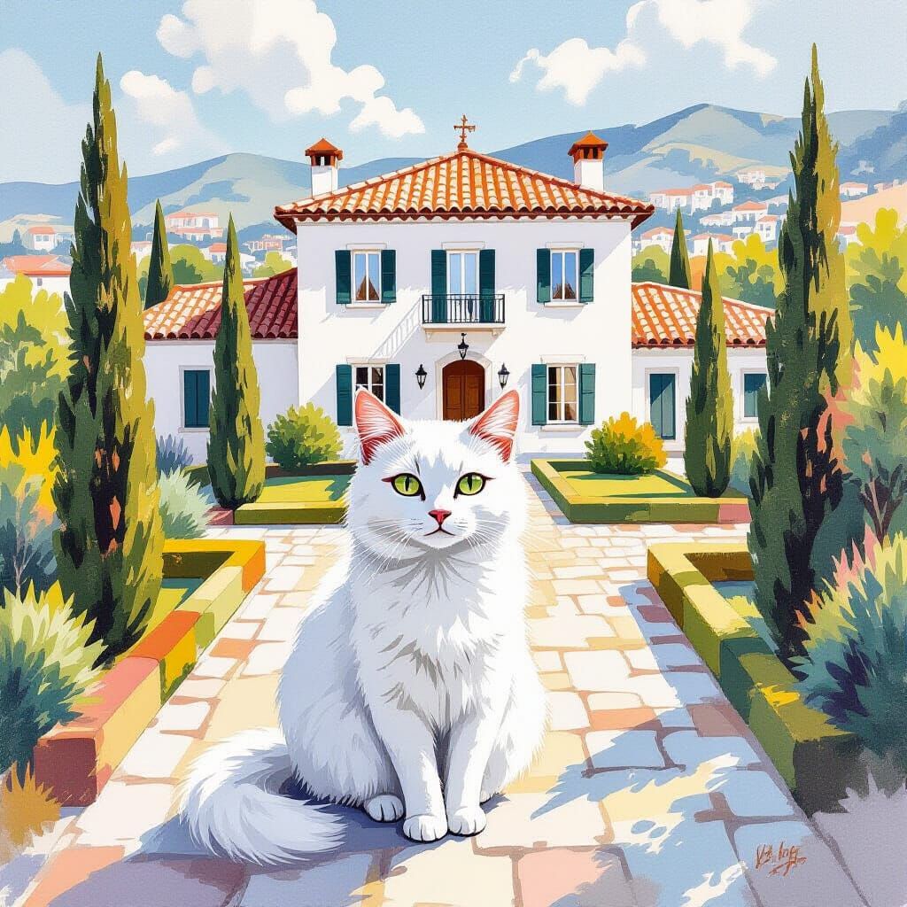 Hyperdetailed Gouache Painting of White Cat