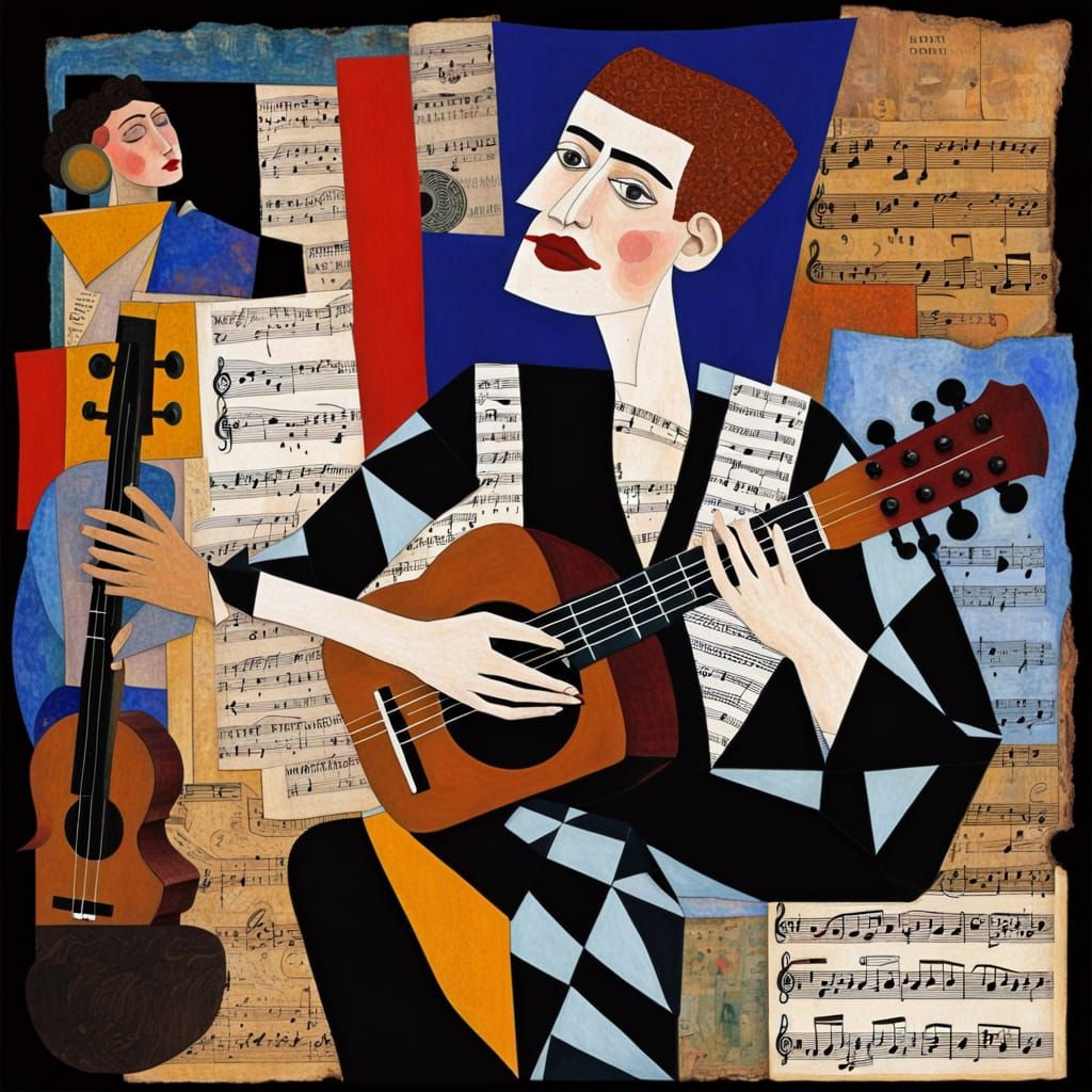 Cubist Folk Art Musician in Dark Moody Colors