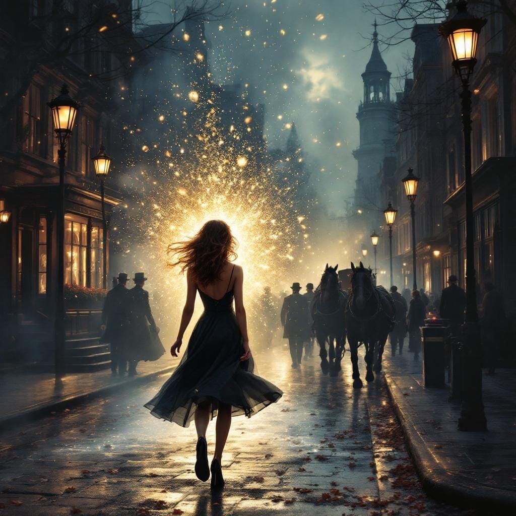 Woman Steps Through Portal to Victorian Street