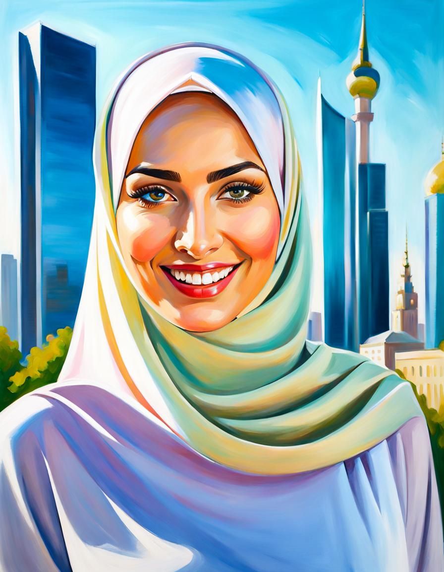 Elegant Hijabi Woman in Cityscape Oil Painting