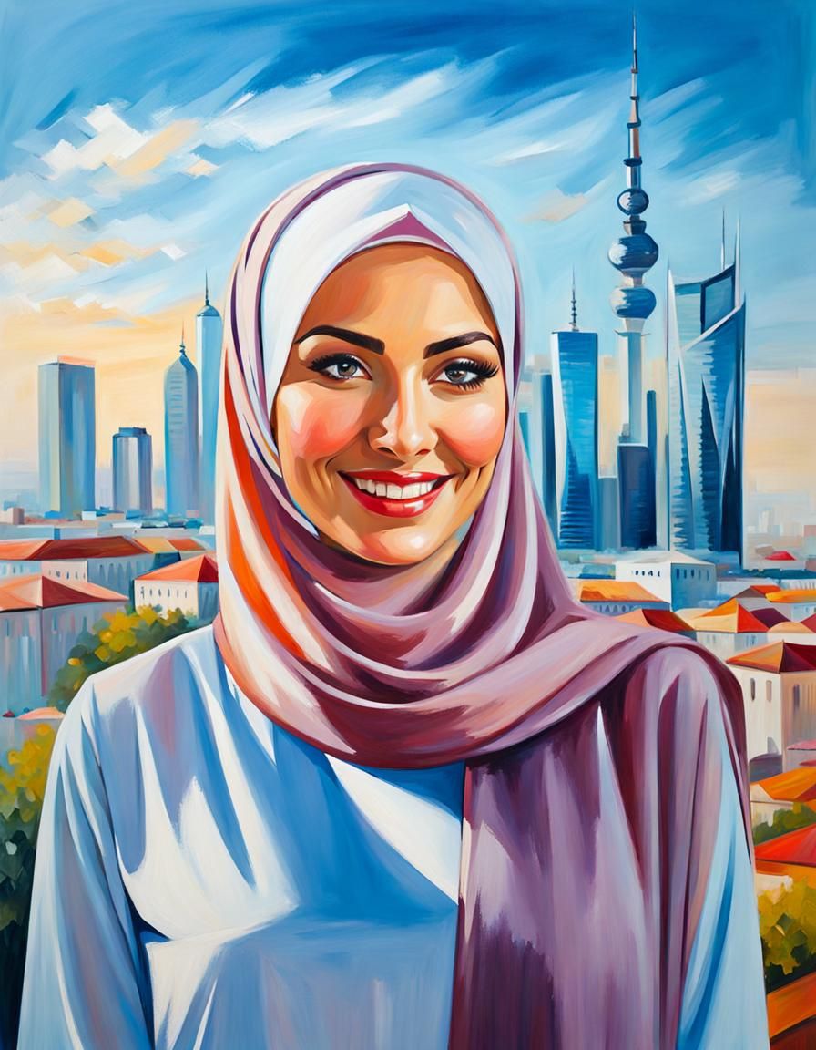 Elegant Hijabi Woman in Cityscape: Oil Painting