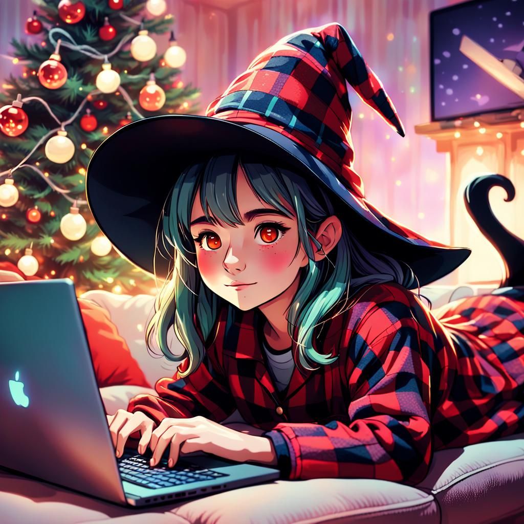 Surreal Anime Witch Relaxing in Cozy Christmas Setting